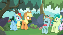 Size: 1280x720 | Tagged: safe, derpibooru import, screencap, applejack, ocellus, rainbow dash, sandbar, silverstream, changedling, changeling, classical hippogriff, earth pony, hippogriff, pegasus, pony, non-compete clause, angry, cutie mark, female, forest, male, mare, ocellus is not amused, sandbar is not amused, shocked, teenager