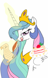 Size: 1100x1800 | Tagged: safe, artist:theroyalprincesses, princess celestia, alicorn, pony, cake, cakelestia, licking, licking lips, magic, quill, scroll, solo, telekinesis, tongue out