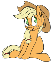 Size: 519x622 | Tagged: safe, artist:tlatophat, applejack, earth pony, pony, cute, freckles, looking at you, open mouth, simple background, sitting, smiling, solo