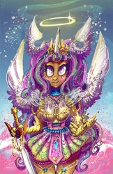 Size: 600x927 | Tagged: safe, artist:corrsollarobot, princess celestia, human, armor, halo, humanized, solo, sword