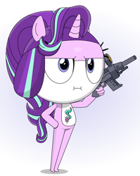 Size: 3000x3760 | Tagged: safe, artist:keronianniroro, starlight glimmer, alien, anthro, frog, hybrid, crossover, cute, gun, i mean i see, keponian, keronian, sergeant frog, solo, species swap, trigger discipline, weapon