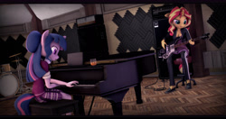 Size: 10220x5400 | Tagged: safe, artist:imafutureguitarhero, sci-twi, sunset shimmer, twilight sparkle, anthro, plantigrade anthro, unicorn, 3d, absurd file size, absurd resolution, adidas, amplifier, bass guitar, black bars, breasts, cable, carpet, chair, chromatic aberration, cleavage, clothes, dress, drink, drum kit, drums, duo, female, film grain, floppy ears, freckles, glass, hair bun, headphones, jacket, leather jacket, mare, motion blur, multicolored hair, musical instrument, open mouth, pants, piano, playing instrument, recording studio, rickenbacker, shoes, signature, sitting, skirt, source filmmaker, stool, studio, tracksuit, wall of tags