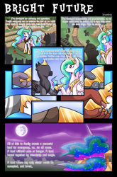 Size: 1500x2266 | Tagged: safe, artist:vavacung, princess celestia, alicorn, griffon, pony, comic:to love alicorn, comic, dialogue, hoofshake, implied diamond dog, implied dragon, implied minotaur, implied zebra, mare in the moon, moon, speech bubble