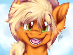 Size: 1400x1050 | Tagged: safe, artist:fizzy-dog, applejack, earth pony, pony, :d, cute, ear fluff, fluffy, freckles, happy, jackabetes, looking at you, open mouth, smiling, solo