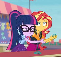 Size: 562x519 | Tagged: safe, screencap, sci-twi, sunset shimmer, twilight sparkle, better together, equestria girls, rollercoaster of friendship, clothes, cropped, geode of empathy, geode of telekinesis, glasses, jacket, ponytail, skirt