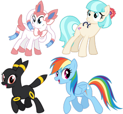 Size: 1297x1200 | Tagged: safe, artist:parclytaxel, artist:partylikeanartist, derpibooru import, coco pommel, rainbow dash, pegasus, pony, comparison, pokémon, ponified, ponymon, simple background, sylveon, transparent background, umbreon, vector