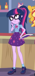 Size: 284x613 | Tagged: safe, screencap, sci-twi, sunset shimmer, twilight sparkle, better together, equestria girls, rollercoaster of friendship, book, clothes, cropped, female, geode of telekinesis, glasses, offscreen character, ponytail, shoes, skirt, smiling, solo