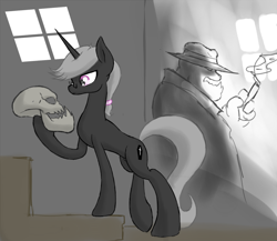 Size: 1200x1040 | Tagged: safe, artist:lemon, derpibooru exclusive, derpibooru import, oc, oc only, oc:greyscale, diamond dog, pony, unicorn, cigar, glasses, hat, hoof hold, male, noir, raised leg, skull