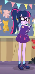 Size: 249x522 | Tagged: safe, screencap, sci-twi, sunset shimmer, twilight sparkle, better together, equestria girls, rollercoaster of friendship, angry, book, clothes, cropped, female, glasses, offscreen character, ponytail, shoes, shrunken pupils, skirt, socks