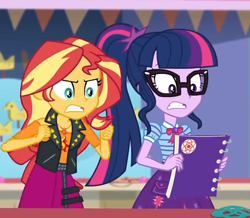 Size: 668x582 | Tagged: safe, screencap, sci-twi, sunset shimmer, twilight sparkle, better together, equestria girls, rollercoaster of friendship, angry, book, clothes, cropped, female, geode of empathy, geode of telekinesis, glasses, jacket, leather jacket, ponytail, skirt