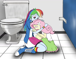 Size: 1600x1249 | Tagged: dead source, safe, artist:darkbloodfang, derpibooru import, fluttershy, rainbow dash, equestria girls, bathroom stall, clothes, comforting, crying, deviantart watermark, eyes closed, female, flutterdash, lesbian, obtrusive watermark, shipping, skirt, toilet, watermark