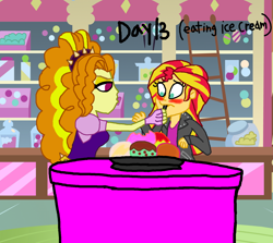 Size: 1572x1404 | Tagged: safe, artist:ktd1993, adagio dazzle, sunset shimmer, equestria girls, 30 day otp challenge, blushing, feeding, female, food, ice cream, lesbian, shipping, sunsagio