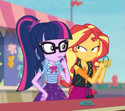 Size: 607x540 | Tagged: safe, screencap, sci-twi, sunset shimmer, twilight sparkle, better together, equestria girls, rollercoaster of friendship, clothes, female, finger in mouth, finger sucking, geode of empathy, geode of telekinesis, glasses, jacket, ponytail, skirt