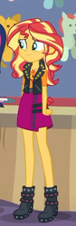 Size: 212x630 | Tagged: safe, screencap, sunset shimmer, better together, equestria girls, rollercoaster of friendship, boots, clothes, cropped, female, geode of empathy, high heel boots, jacket, leather jacket, shoes, skirt