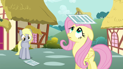 Size: 1280x720 | Tagged: safe, screencap, derpy hooves, fluttershy, pegasus, pony, hurricane fluttershy, cute, female, floppy ears, looking up, mare, newspaper, shyabetes