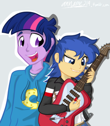 Size: 2550x2912 | Tagged: safe, artist:anname219, derpibooru import, dusk shine, flare warden, flash sentry, twilight sparkle, equestria girls, clothes, duskflare, equestria guys, female, flashlight, guitar, hoodie, male, rule 63, shipping, straight, wondercolts
