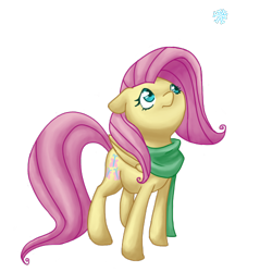 Size: 500x500 | Tagged: safe, artist:breadcipher, fluttershy, pegasus, pony, clothes, scarf, simple background, snow, snowflake, solo, transparent background