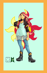 Size: 828x1280 | Tagged: safe, alternate version, artist:srasomeone, sunset shimmer, human, equestria girls, blue background, boots, breasts, cleavage, clothes, cutie mark background, dress, female, hand on hip, high heel boots, jacket, leather jacket, leggings, looking at you, shoes, simple background, smiling, solo