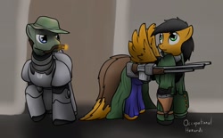 Size: 1280x796 | Tagged: safe, artist:the-furry-railfan, derpibooru import, oc, oc only, oc:moral fringe, oc:twintails, pegasus, pony, fallout equestria, fallout equestria: occupational hazards, b.a.r., battle saddle, cigar, clothes, gun, hat, luger, pistol, power armor, rifle