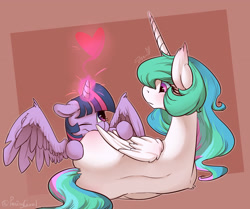 Size: 3700x3100 | Tagged: safe, artist:passigcamel, princess celestia, twilight sparkle, twilight sparkle (alicorn), alicorn, pony, abstract background, age difference, butthug, cute, cutelestia, duo, female, heart, horn, hug, lesbian, mare, on side, one eye closed, shipping, twiabetes, twilestia, wings