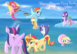 Size: 2039x1447 | Tagged: safe, artist:yinglongfujun, applejack, fluttershy, pinkie pie, rainbow dash, rarity, spike, starlight glimmer, sunset shimmer, twilight sparkle, twilight sparkle (alicorn), alicorn, crab, dragon, earth pony, pegasus, pony, unicorn, beach, female, kite, magic, male, mare, water, wet