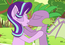 Size: 3968x2756 | Tagged: safe, artist:tyto4tme4l, spike, starlight glimmer, dragon, pony, unicorn, female, kissing, male, older, older spike, shipping, sparlight, straight, winged spike