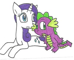 Size: 651x529 | Tagged: safe, artist:cmara, rarity, spike, dragon, pony, unicorn, female, horn, male, mare, traditional art