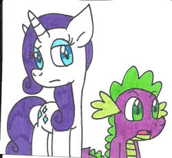 Size: 607x556 | Tagged: safe, artist:cmara, rarity, spike, dragon, pony, unicorn, female, horn, male, mare, traditional art