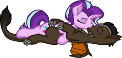 Size: 1146x544 | Tagged: safe, artist:zeka10000, starlight glimmer, oc, oc:draco k-night blaze, dracony, dragon, hybrid, kirin, pony, unicorn, blank flank, canon x oc, claws, eyes closed, female, hug, kissing, lying, male, request, requested art, romantic, shipping, simple background, straight, transparent background, wings