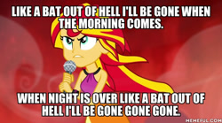 Size: 600x334 | Tagged: safe, edit, edited screencap, screencap, sunset shimmer, equestria girls, rainbow rocks, bat out of hell, image macro, meat loaf, meme, song reference