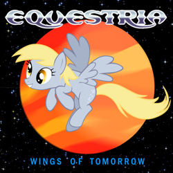 Size: 1200x1200 | Tagged: safe, artist:grapefruitface1, derpy hooves, pony, album cover, europe (band), flying, parody, planet, ponified, ponified album cover, smiling, solo