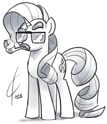 Size: 933x1086 | Tagged: safe, artist:valcron, rarity, pony, unicorn, glasses, grayscale, monochrome, moustache, pipe, simple background, smoking, solo