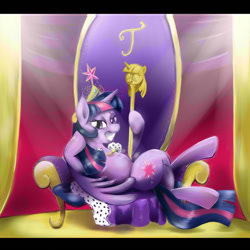 Size: 1024x1024 | Tagged: safe, artist:anightlypony, derpibooru import, twilight sparkle, twilight sparkle (alicorn), alicorn, pony, princess twilight sparkle (episode), big crown thingy, clothes, dreamworks face, female, grin, mare, robe, smug, smuglight sparkle, solo, throne, throne slouch, twilight scepter