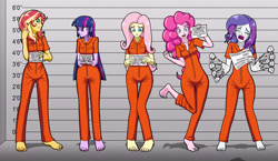Size: 5656x3280 | Tagged: safe, artist:artemis-polara, fluttershy, pinkie pie, rarity, sunset shimmer, twilight sparkle, equestria girls, barefoot, clothes, commission, crying, feet, flailing, fuck you, implied murder, line-up, marshmelodrama, middle finger, mugshot, nail polish, open mouth, prison, prison outfit, prisoner, sad, smiling, toes, vulgar