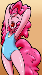 Size: 420x741 | Tagged: safe, artist:draneas, pinkie pie, anthro, arm hooves, armpits, clothes, gradient background, one-piece swimsuit, solo, swimsuit, yawn