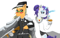 Size: 2239x1435 | Tagged: safe, artist:xaidon, derpibooru import, applejack, rarity, earth pony, pony, unicorn, cigar, cigarette, cigarette holder, female, gun, lesbian, mafia, magic, mauser c96, rarijack, shipping, simple background, smoking, telekinesis, tommy gun