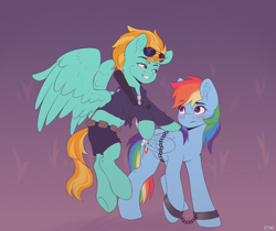 Size: 2000x1678 | Tagged: safe, artist:spirit-dude, derpibooru import, lightning dust, rainbow dash, pegasus, pony, arrested, belly button, blushing, bound wings, chains, cuffs, police officer, police uniform, prisoner rd, shackles, smiling, smirk, sunglasses