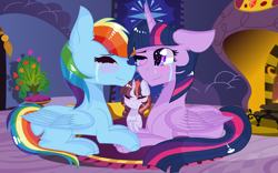 Size: 6625x4121 | Tagged: safe, artist:honeylavender114, derpibooru import, rainbow dash, twilight sparkle, twilight sparkle (alicorn), oc, alicorn, pegasus, pony, absurd resolution, crying, family, female, fireplace, lesbian, magical lesbian spawn, offspring, parent:rainbow dash, parent:twilight sparkle, parents:twidash, shipping, tears of joy, twidash