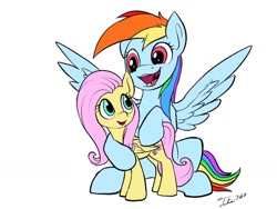 Size: 1024x768 | Tagged: safe, artist:tsitra360, derpibooru import, fluttershy, rainbow dash, pegasus, pony, hug, size difference, spread wings, wings