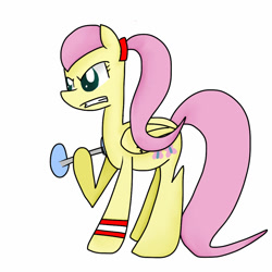 Size: 1000x1000 | Tagged: safe, artist:stormytheloner, fluttershy, pegasus, pony, clothes, exercise, female, pink hair, solo, weight lifting