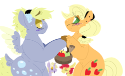 Size: 1112x680 | Tagged: safe, artist:goatpaste, apple bloom, applejack, derpy hooves, dinky hooves, earth pony, pony, crack shipping, derpyjack, female, lesbian, shipping