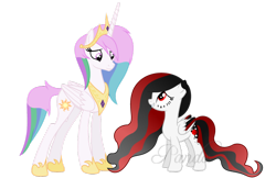 Size: 1024x665 | Tagged: safe, artist:ipandacakes, princess celestia, oc, oc:blood moon, alicorn, pony, mane swap