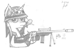 Size: 1280x846 | Tagged: safe, artist:mane-shaker, derpibooru import, oc, oc only, oc:mane shaker, pony, unicorn, cigar, ear fluff, gun, helmet, looking at you, monochrome, smoking, solo, traditional art