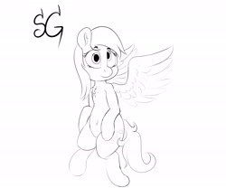 Size: 6000x5000 | Tagged: safe, artist:sunlightgryphon, derpibooru exclusive, derpy hooves, pegasus, pony, absurd resolution, belly button, chest fluff, ear fluff, flying, monochrome