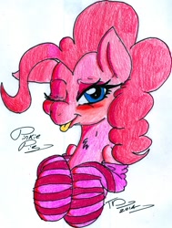 Size: 1240x1640 | Tagged: safe, artist:digitaldomain123, pinkie pie, earth pony, pony, blushing, clothes, colored, socks, striped socks, tongue out, traditional art