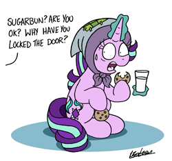 Size: 1581x1484 | Tagged: safe, artist:bobthedalek, starlight glimmer, pony, unicorn, atg 2019, blanket, cookie, eating, fathers gonna father, fear, female, food, headscarf, hoof hold, implied firelight, magic, mare, milk, newbie artist training grounds, scarf, telekinesis