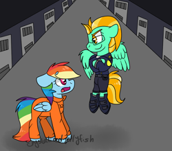 Size: 1024x900 | Tagged: safe, artist:crystalizedjellyfish, derpibooru import, lightning dust, rainbow dash, pegasus, pony, clothes, flying, jail, never doubt rainbowdash69's involvement, police officer, police uniform, prison, prison outfit, prisoner rd