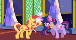 Size: 1600x842 | Tagged: safe, artist:rose-moonlightowo, sunset shimmer, twilight sparkle, twilight sparkle (alicorn), alicorn, pony, female, lesbian, magic, shipping, sunsetsparkle