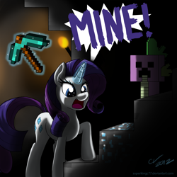 Size: 1920x1920 | Tagged: safe, artist:sakaerion, rarity, spike, creeper, crossover, dialogue, diamond, minecraft, mining, pickaxe, pun, species swap, torch