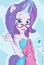 Size: 600x900 | Tagged: safe, artist:misspaigechristine, rarity, anthro, clothes, dress, fabric, glasses, magic, pony coloring, solo, telekinesis